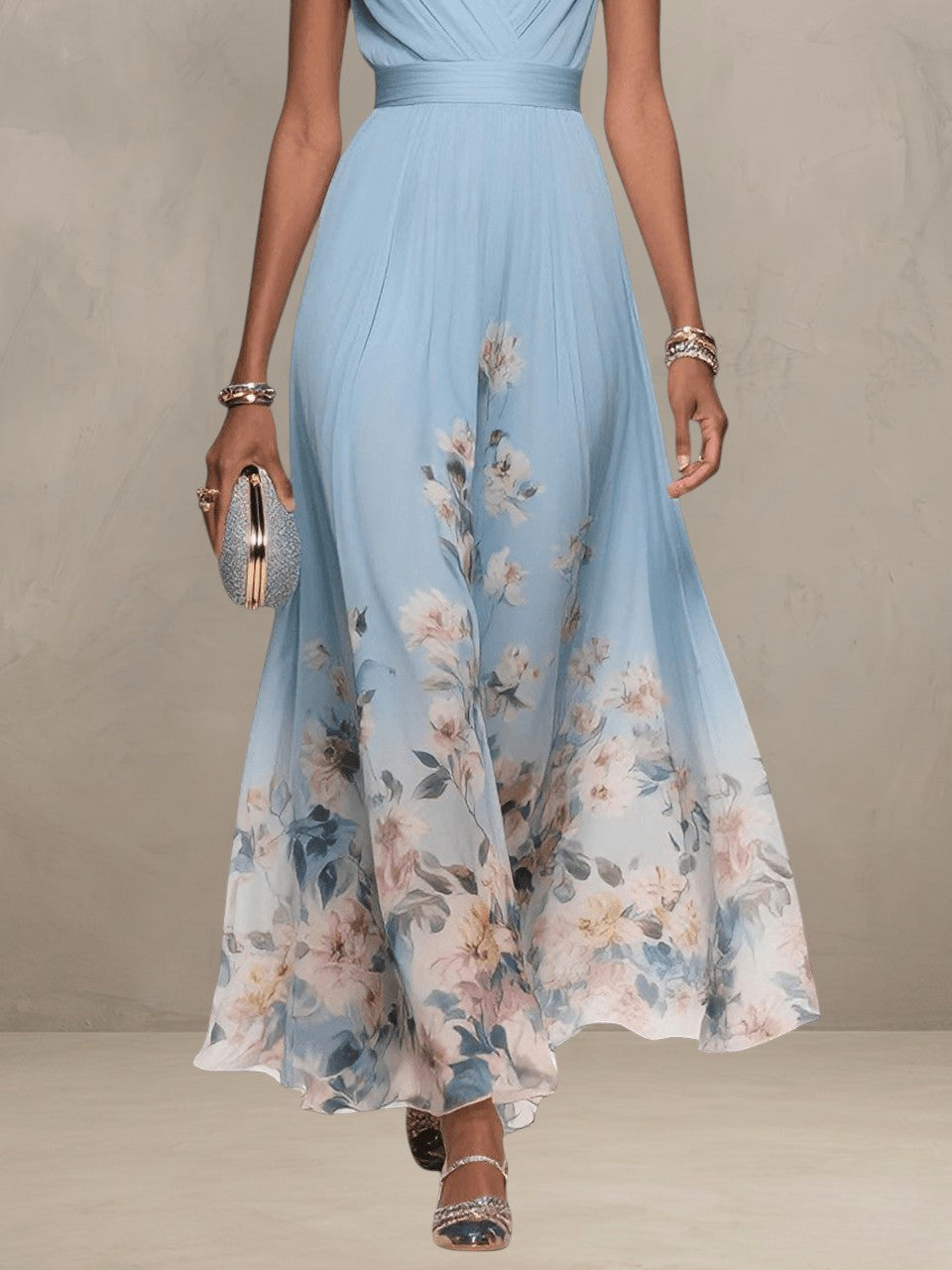 ROSA | ABITO MAXI IN CHIFFON FLORALE CON SCOLLO A V