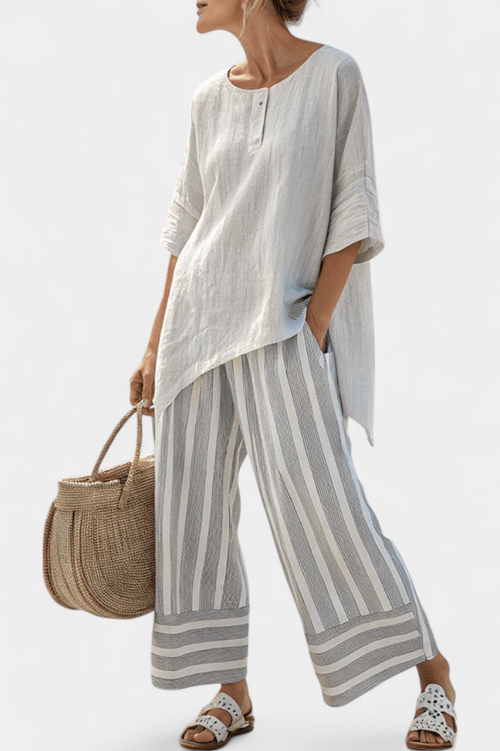 TALVORA | BLUSA ASIMMETRICA ELEGANTE E PANTALONI A RIGHE