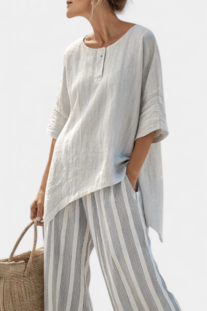 TALVORA | BLUSA ASIMMETRICA ELEGANTE E PANTALONI A RIGHE