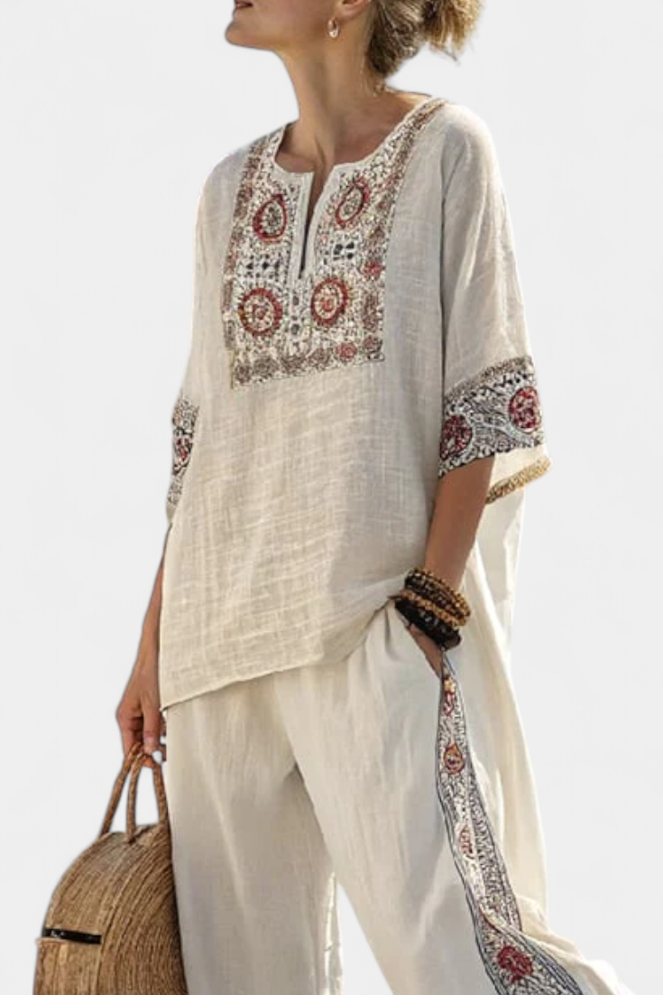 TAMERIC | BLUSA GREZZA RICAMATA SOPHISTICATA & PANTALONI LARGHI