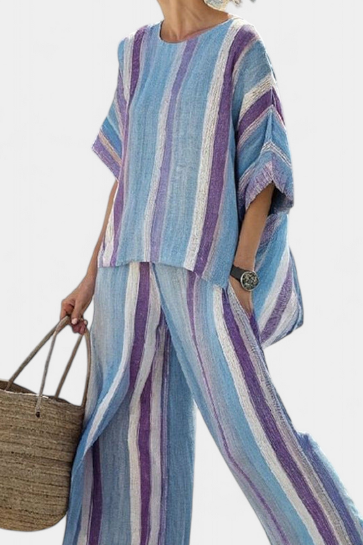 FAELITH | TOP ELEGANTE MAUVE PASTEL & PANTALONI IN LINO A RIGHE