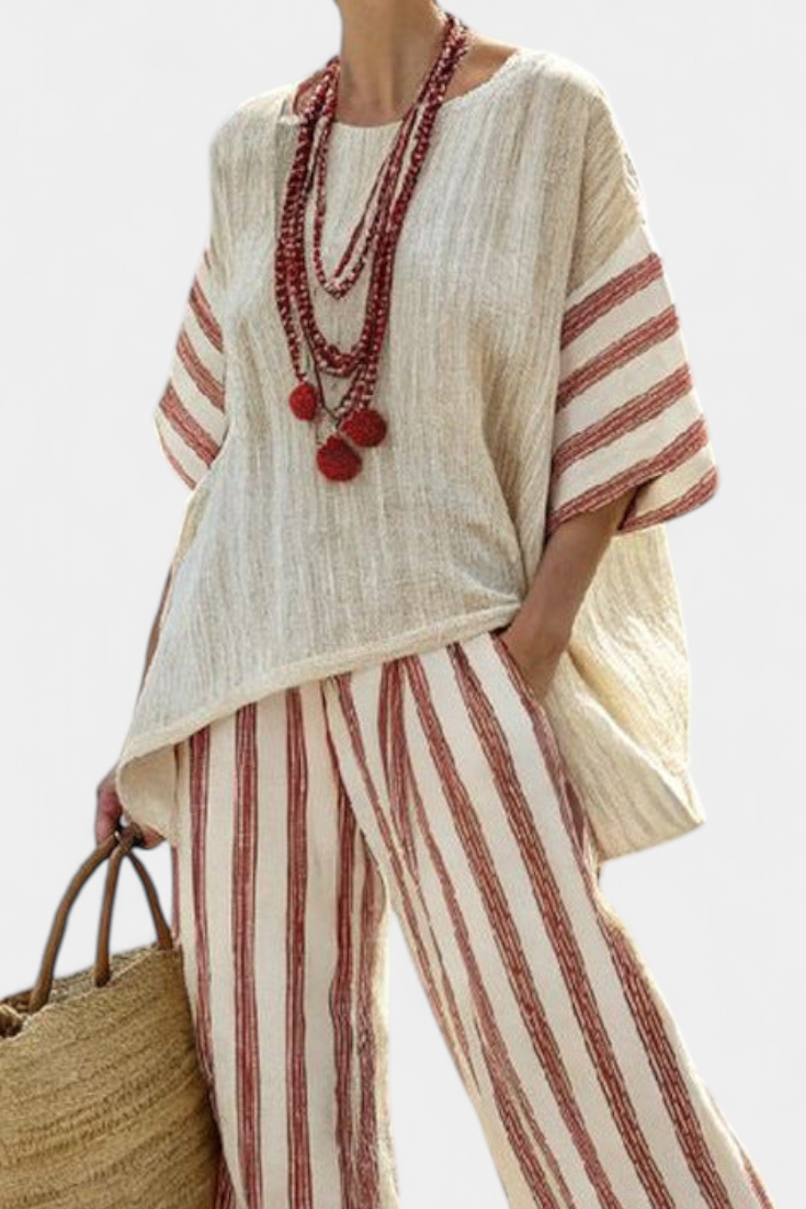 BRAELITH | TOP STRIATO RUSTICO ELEGANTE & PANTALONI IN LINO CREMA