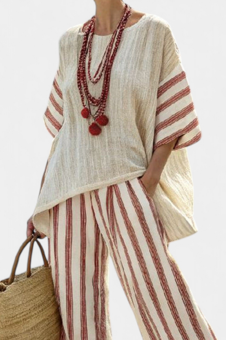 BRAELITH | TOP STRIATO RUSTICO ELEGANTE & PANTALONI IN LINO CREMA