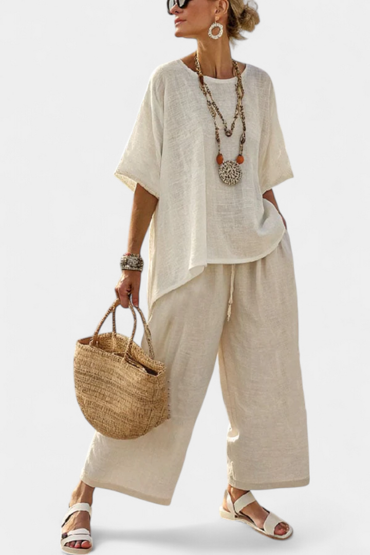 DREVON | BLOUSE RAW MINIMALISTA COMODA & PANTALONI A GAMBALARGA