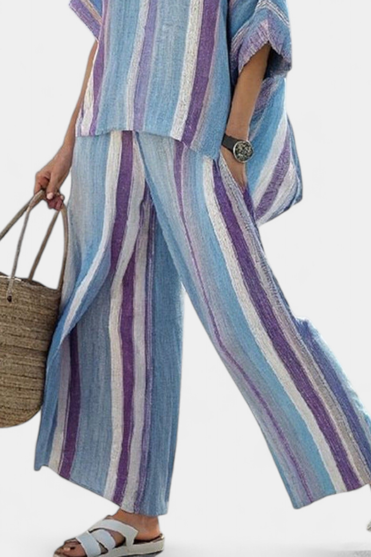 FAELITH | TOP ELEGANTE MAUVE PASTEL & PANTALONI IN LINO A RIGHE