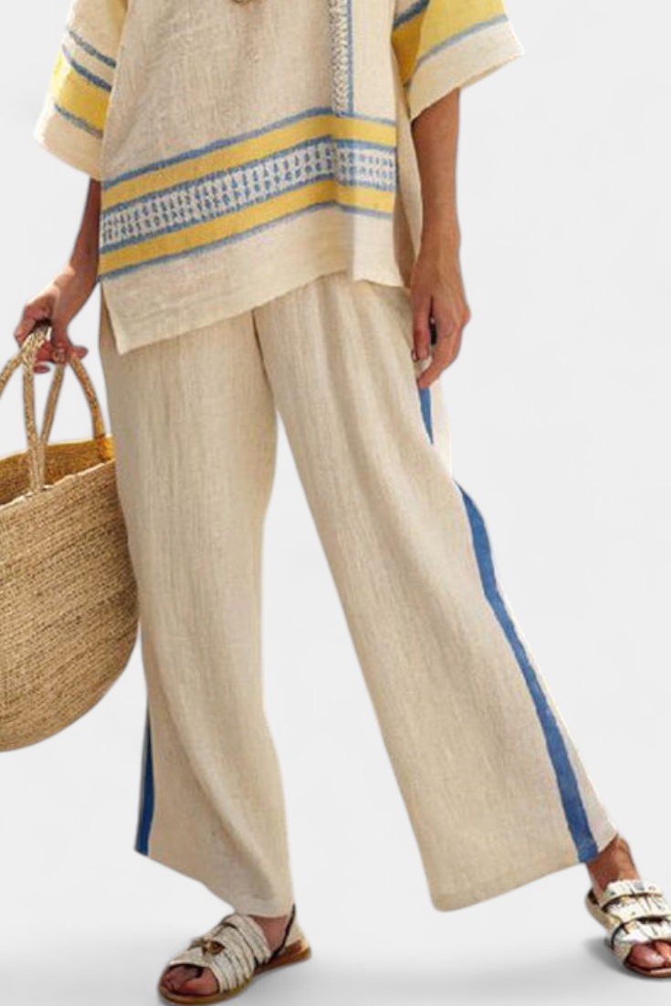 JAXMERE | TOP MEDITERRANEO COMODO BLU-GIALLO & PANTALONI IN LINO