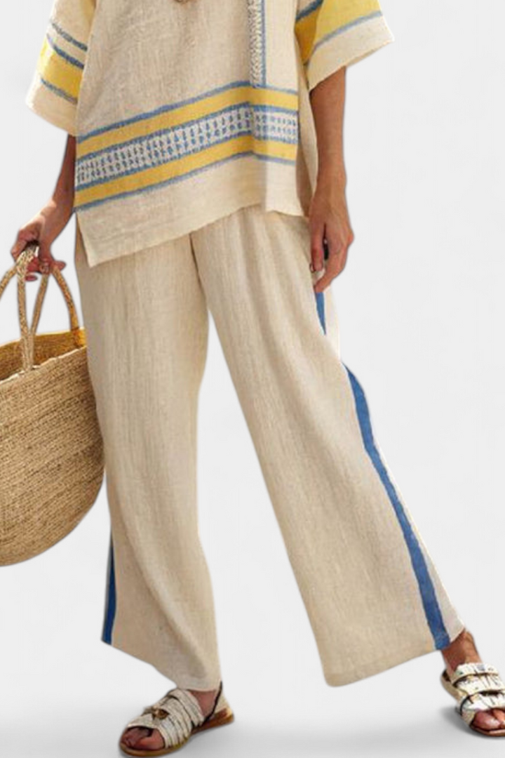 JAXMERE | TOP MEDITERRANEO COMODO BLU-GIALLO & PANTALONI IN LINO