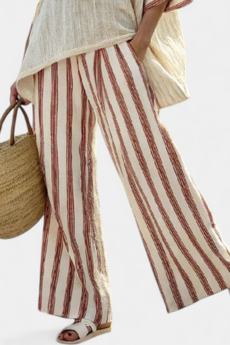 BRAELITH | TOP STRIATO RUSTICO ELEGANTE & PANTALONI IN LINO CREMA