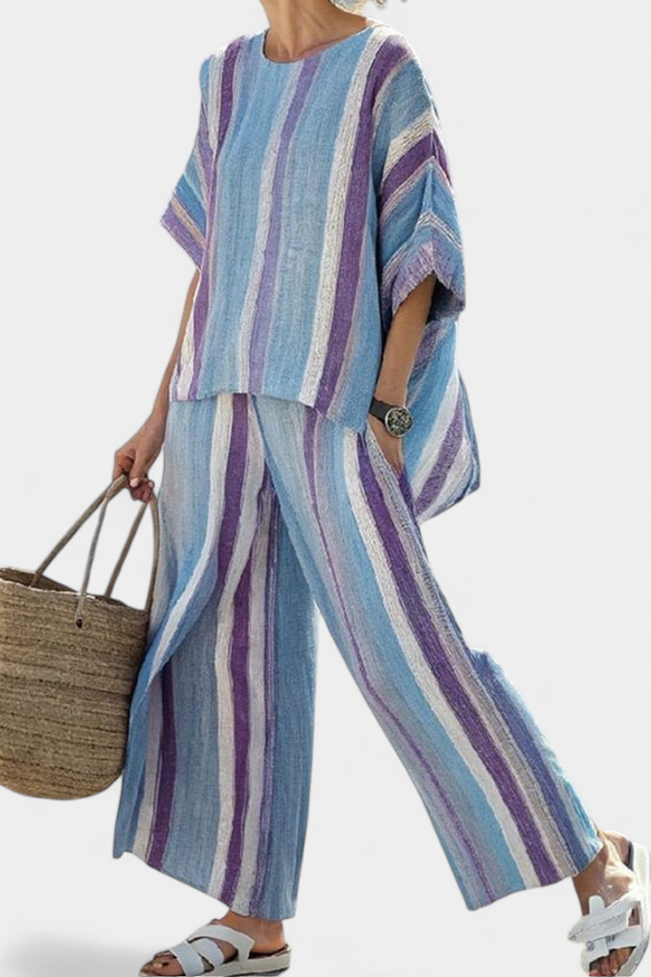 FAELITH | TOP ELEGANTE MAUVE PASTEL & PANTALONI IN LINO A RIGHE