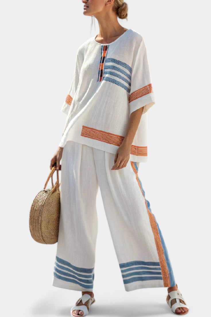 MARCELLIN | TOP E PANTALONI A STRISCE BLU-ARANCIONE SOPHISTICATI