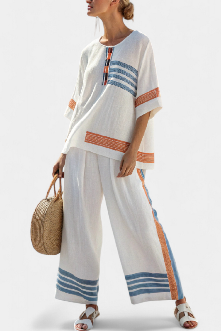 MARCELLIN | TOP E PANTALONI A STRISCE BLU-ARANCIONE SOPHISTICATI