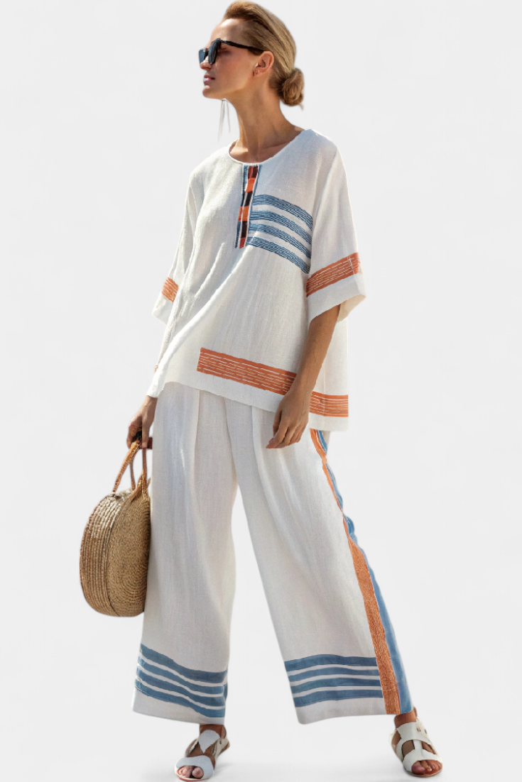 MARCELLIN | TOP E PANTALONI A STRISCE BLU-ARANCIONE SOPHISTICATI