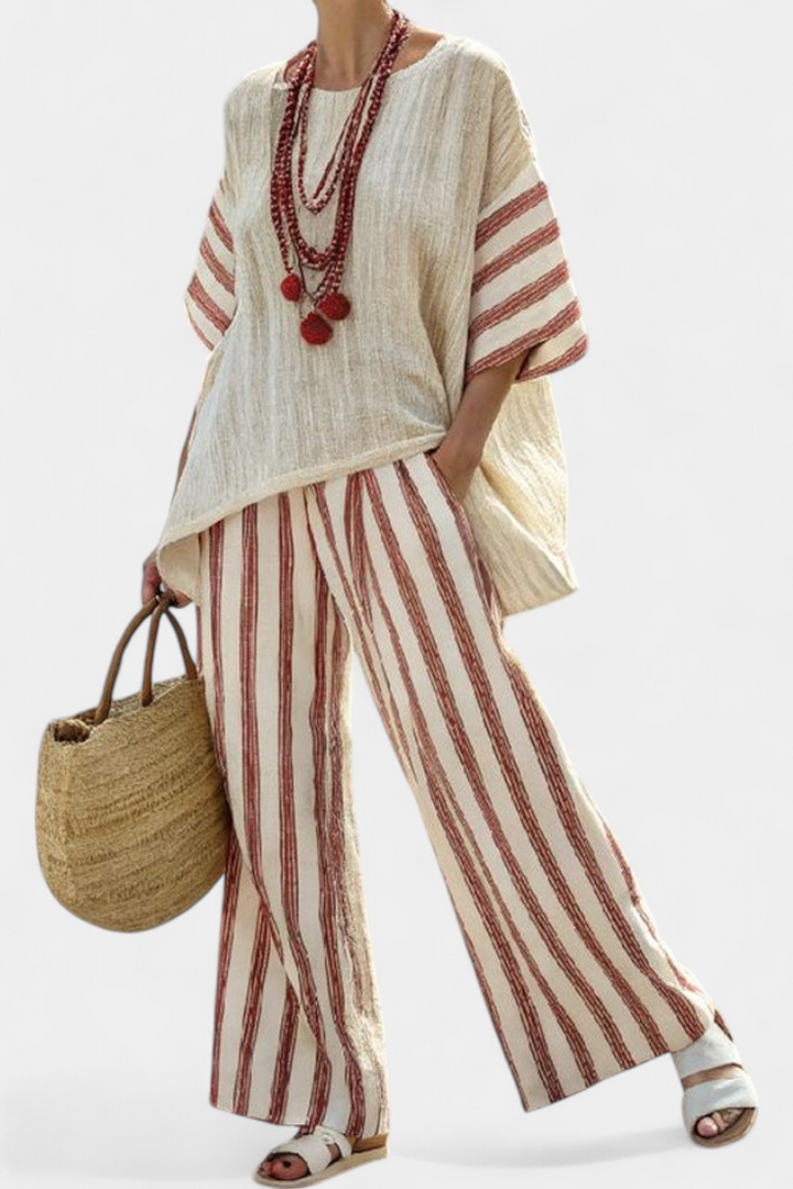 BRAELITH | TOP STRIATO RUSTICO ELEGANTE & PANTALONI IN LINO CREMA
