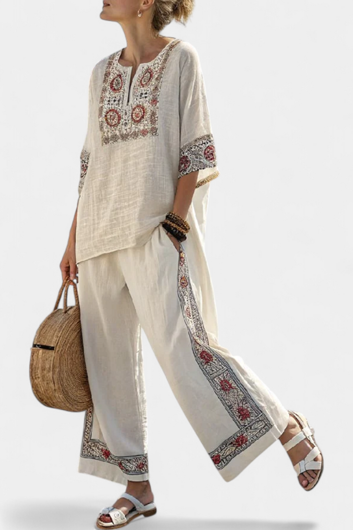 TAMERIC | BLUSA GREZZA RICAMATA SOPHISTICATA & PANTALONI LARGHI