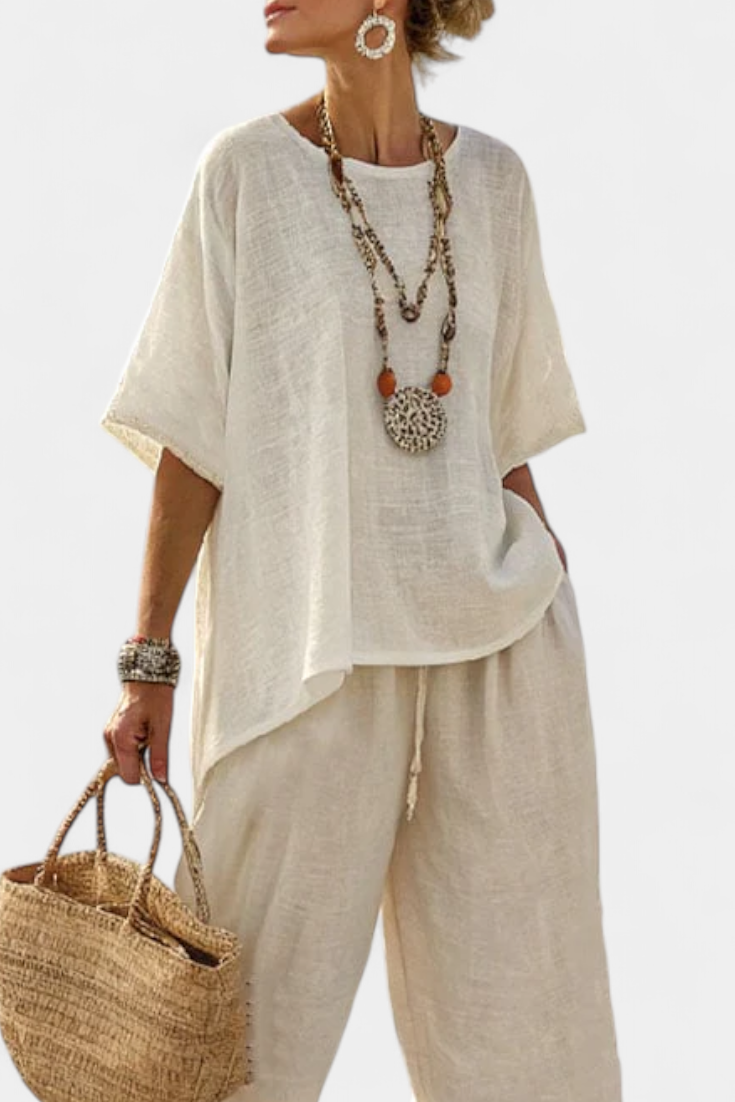 DREVON | BLOUSE RAW MINIMALISTA COMODA & PANTALONI A GAMBALARGA
